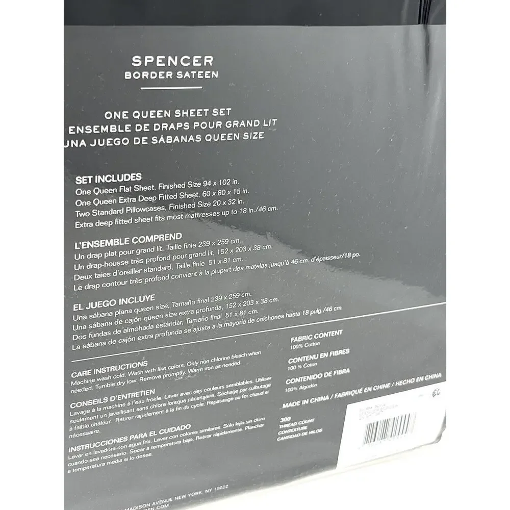 Ralph Lauren Spencer Border Sateen Queen Sheet Set White Grey Gray 4 Pcs. NIP